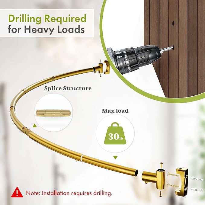 AmazerBath 20-84 Inches Arched Curved Shower Curtain Rod, Heavy Duty Shower Rod Rust Proof Bathroom Curtain Rod, Adjustable Telescoping Design Easy Segmented Installation, Need to Drill, Gold
