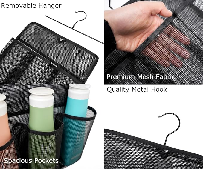 ALYER Mesh Shower Organizer,Shower Caddy with Rotating Detachable Metal Hanger, Quick Dry Bathroom Storage for Toiletry Accessories, Portable Shower Bag for RV,Dorm,Gym and Travel (Black)