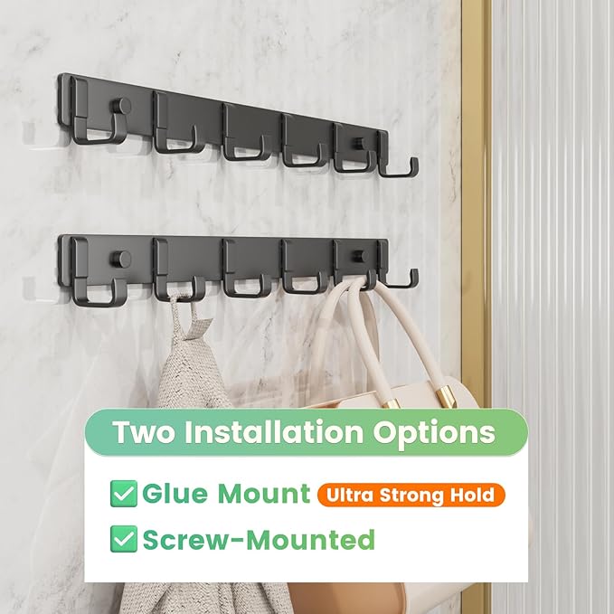 16-Inch Wall Mount Coat Rack with 6 Hooks, Compact Hooks for Hanging Coats, Hats, Jacket, Bags and Purses in Entryway, Bedroom, Bathroom or Closet, Install with Strong Glue or Screws (2-Pack)