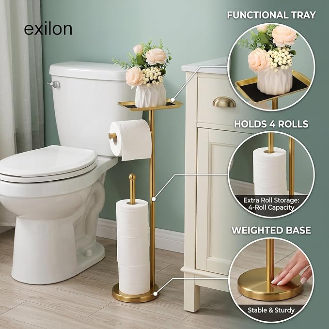 Exilon Toilet Paper Holder Stand for Bathroom Floor Freestanding Toilet Roll Dispenser Storages 4 Reserve Rolls, with Top Storage Shelf for Cell Phone (Brushed Gold)