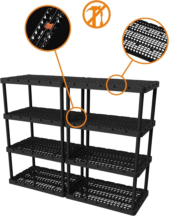 Gracious Living 2 Pack XL Heavy-Duty Storage Shelves, Knect-A-Shelf 4-Shelf Ventilated Storage Shelving Rack for Home Organization, Black