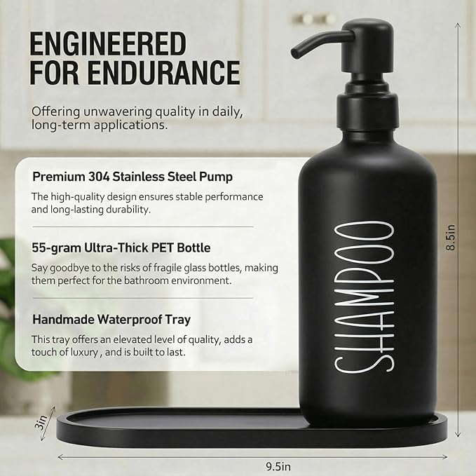MOMEEMO Reusable Shampoo and Conditioner Bottles with Tray, Shampoo Bottles Refillable with Pump, Pump Bottles for Shampoo and Conditioner, Shower Dispenser Bottles (Black)