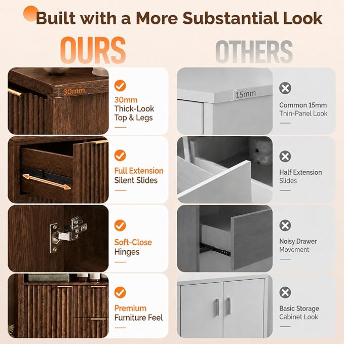 VINGLI Bathroom Floor Storage Cabinet with 3 Drawers, Modern 32" Freestanding Short Storage Organizer with Fluted Door & Adjustable Shelf, 12 Inch Deep Walnut Wooden Console for Small Space