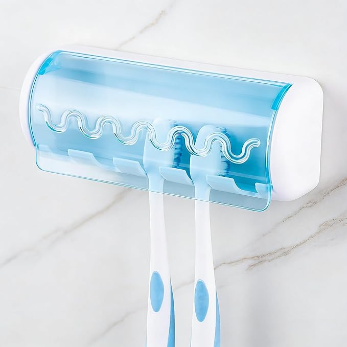 2 PCS Self Adhesive Toothbrush Holder with Cover for Bathroom, 5-Slot Wall Mounted Toothbrush Organizer Rack for Shower, Dorm, Cabinet