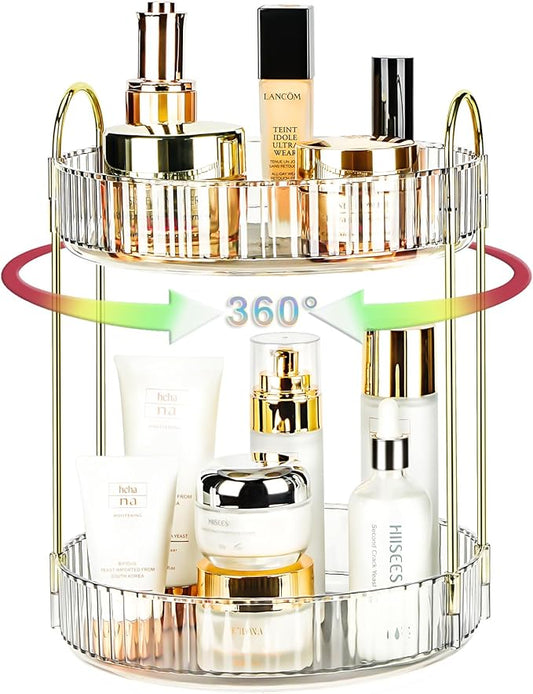 360 Rotating Makeup Organizer - Large Capacity Spinning Perfume & Cosmetic Skincare Holder for Countertop (Pearl White, 2 Tier)