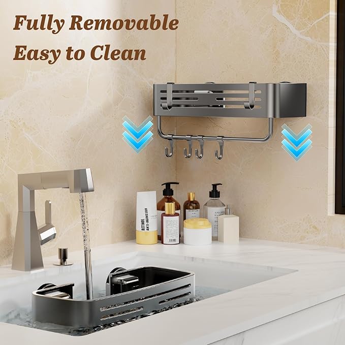 Shower Caddy Suction Cup, 2 Pack No Drilling Square Shower Shelves Aluminum Alloy Removable Bathroom Suction Showers Organizer Storage Rack with Towel Bar & Hooks(Gray)