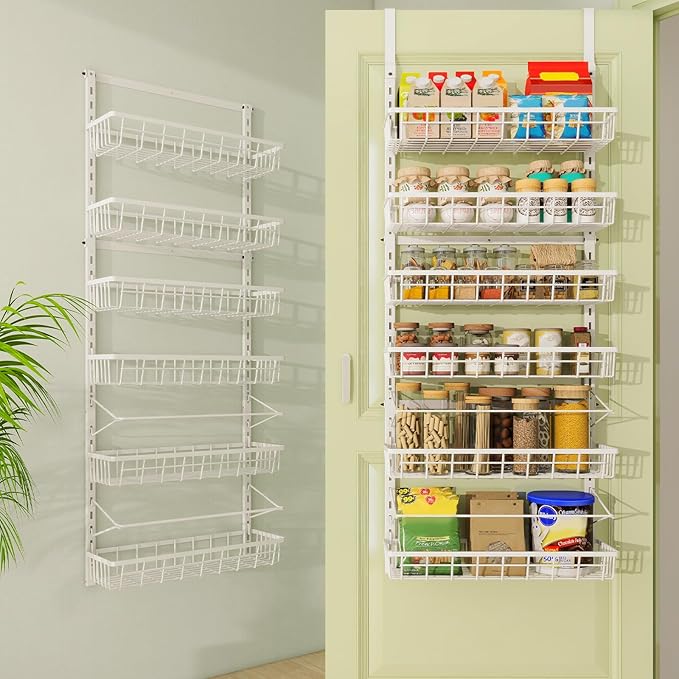 Mefirt Over The Door Pantry Organizer, Wall Mount Spice Rack, Pantry Hanging Storage and Organization, 6 Adjustable Baskets Heavy-Duty Metal for Home & Kitchen, Back of Door Seasoning Rack - White