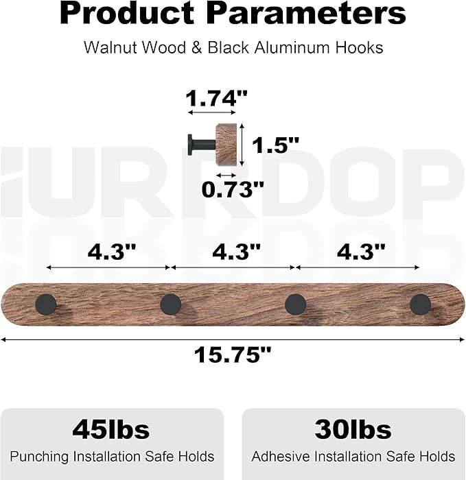 16 Inch Walnut Wood Wall Mounted Coat Rack with 4 Matte Black Round Hooks Adhesive Mounted Entryway Hooks Modern Natural Wooden Pegs for Hanging Coat Clothes Hat Bag Purse Key and Towel