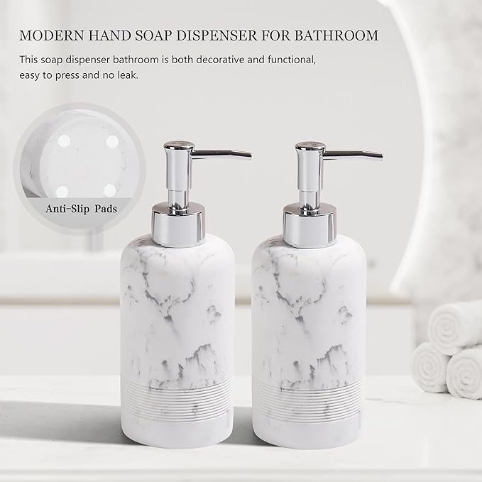 YMXYJM 2pcs/Set Hand Soap Dispenser Sets - 10.8oz Refillable Resin Liquid Soap Dispensers with Rust-Proof Pump for Bathroom Countertop or Kitchen, Marble White