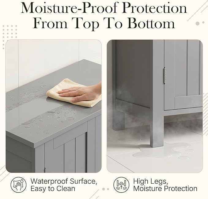 SUPER DEAL Modern Bathroom Floor Storage Cabinet with Adjustable Shelf and Double Door Rust Proof, Living Room Modern Home Furniture Storage Organizer Cabinet, Grey