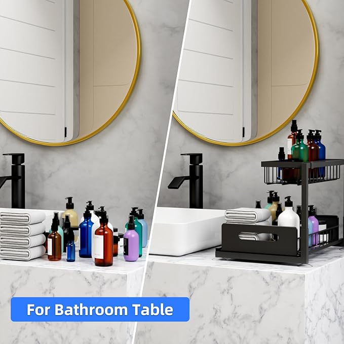 2-Tier Under Sink Slide Out Organizer, 2 Pack Pull Out Cabinet Storage Shelf with Sliding Wire Basket Drawer for Bathroom Kitchen, Countertop or Pantry Shelf, Black