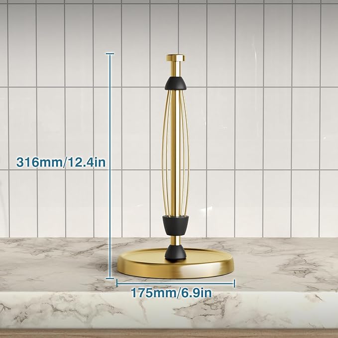 Paper Towel Holder Countertop, Gold Kitchen Accessories Decor, Stainless Steel, Weighted Base, Gold, Paper Towel Roll Holder Stand with Ratchet Mechanism for Kitchen Bathroom Farmhouse Essentials