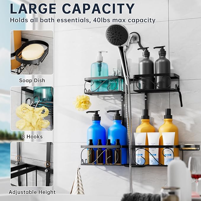 Stainless Steel Shower Caddy Hanging for Handheld Showerheads,Never-Rust Shower Organizer,Large-Capacity Bathroom Organizer Rack with Soap Dish and Hooks for Razor/Sponge,Black