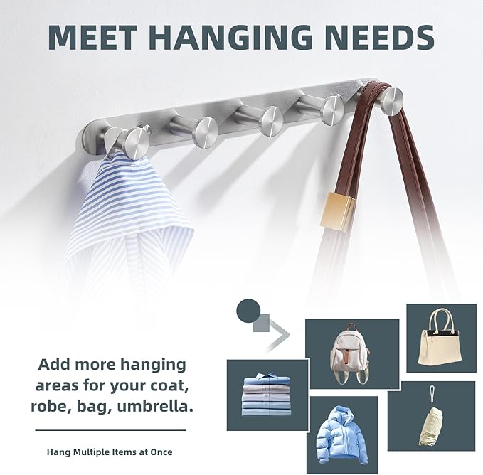 Angle Simple Towel Hook Rack with 5 Hooks, SUS304 Stainless Steel Bathroom Robe Coat Hook Rail, Towel Holder Wall Mounted, Brushed Nickel