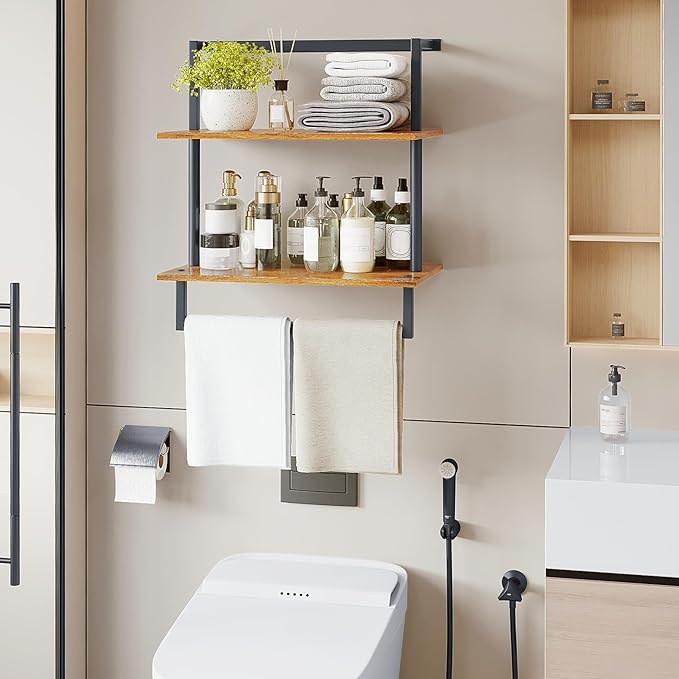 Wall Mounted Towel Rack for Bathroom, Bath Storage Holder 3-Tier Steel Wood Towel Shelf with Bar, Rustic Brown