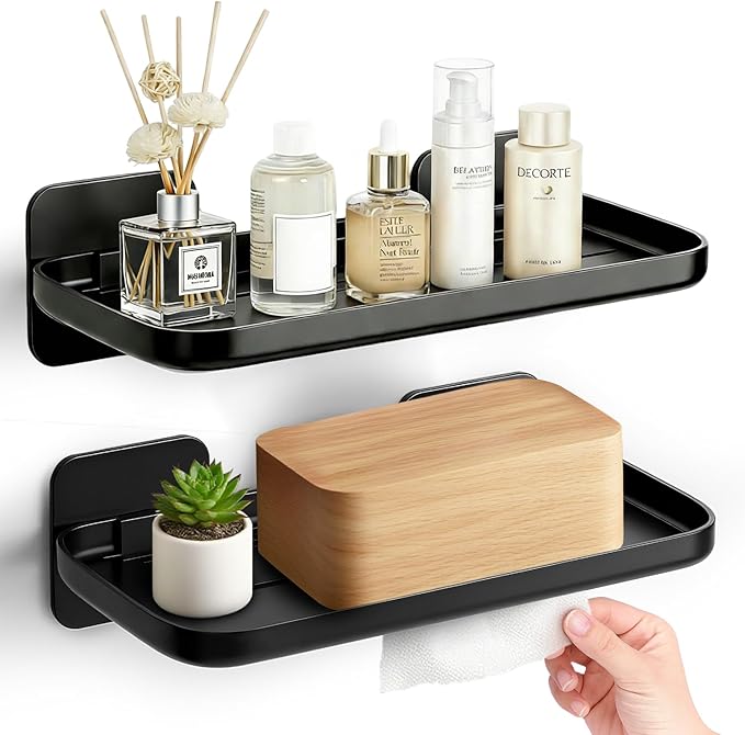 FAYYGYH 2 Pack Adhesive Floating Shelves No Drill Small Floating Shelf for Wall Storage Damage-Free Wall Mounted Organizer for Bathroom, Kitchen, Bedroom & Office (Black)