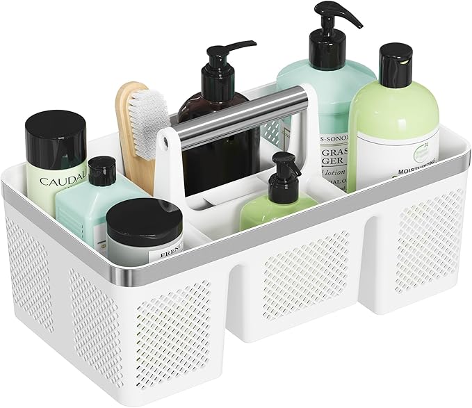 BYUNER Plastic Shower Caddy Dorm: Portable Shower Basket Tote with Handle, 4 Compartments, All-Side Drainage, Hard Bathroom & Cleaning Caddy Organizer for college Dorm Room Essentials, White/Silver