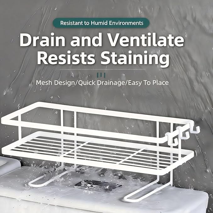 Over The Toilet Storage Rack- Bathroom Organizer Shelf, 2-Tier Floating Shelves with Hooks, No-Drill, Toilet Paper Holder for Restroom Bathroom Vanity Kitchen (White, 1 Tier)
