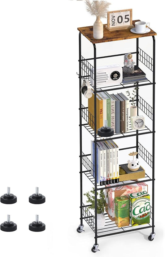 Storage Shelves with Wheels 5 Tier Metal Wire Storage Rack with Wooden Top, Versatile Utility Organizer with Side Hooks Free Standing Rolling Cart for Bathroom, Living Room, Kitchen, Laundry, Brown