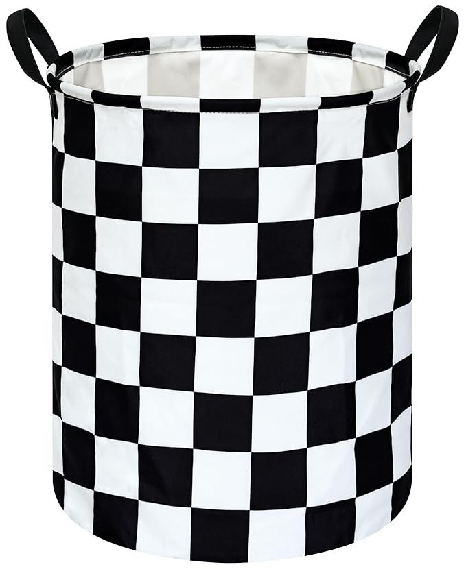 19.7 Inch Round Laundry Hamper Black Check Laundry Basket Fabric Storage Hamper Organization Basket, Storage Bin, Toy Box,Gift Basket with Handles for Room