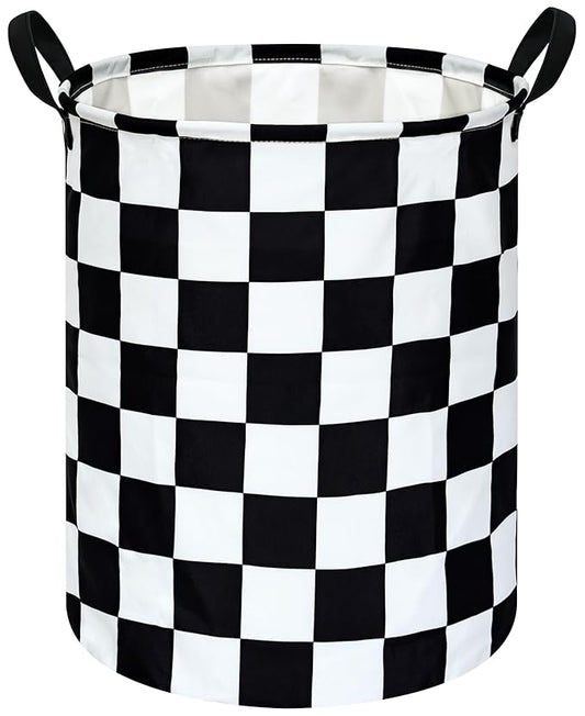 19.7 Inch Round Laundry Hamper Black Check Laundry Basket Fabric Storage Hamper Organization Basket, Storage Bin, Toy Box,Gift Basket with Handles for Room