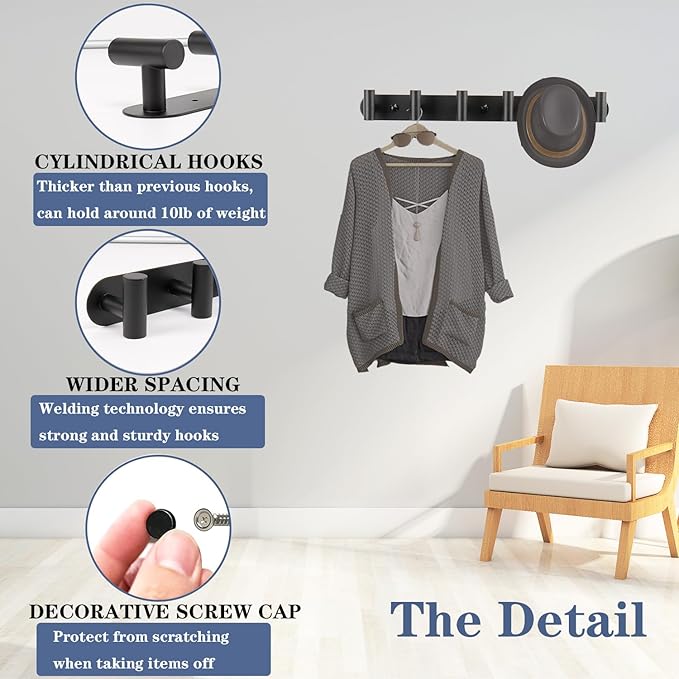 Coat Hook Rack, Wall Mounted Coat Rack with 5 Hooks, Heavy Duty Towel Hooks Rack Wall Hooks for Hanging Clothes Jacket, Stainless Steel Coat Hanger for Bathroom Entryway Mudroom(Matte Black)