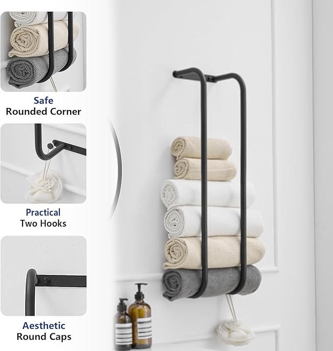BWE Towel Racks for Bathroom Wall Mounted, Bathroom Towel Storage for Rolled Towels, Stainless Steel Vertical Towel Holder, Bathroom Organizer Black