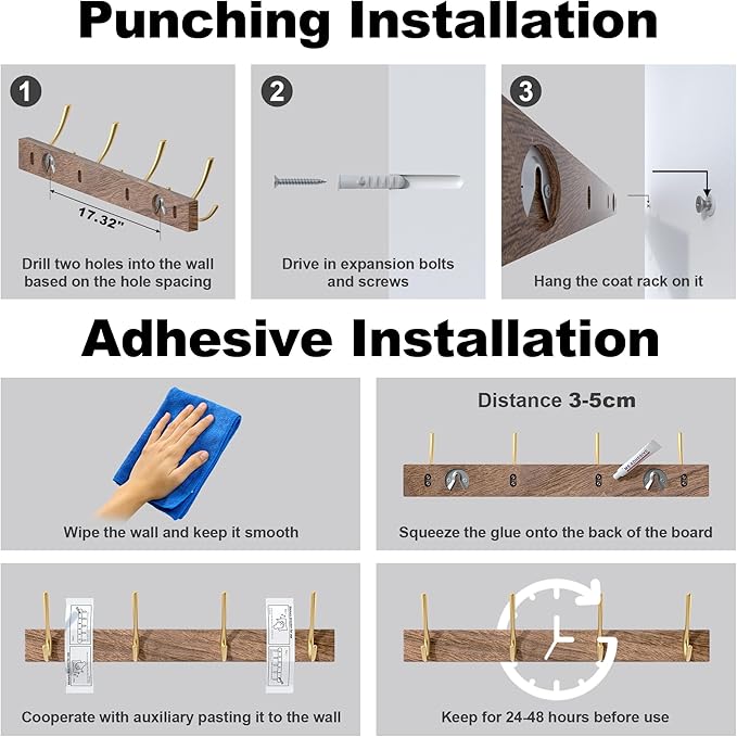 17 Inch Walnut Wood Wall Mounted Coat Rack with 4 Gold Double Hooks, Adhesive Mounted Entryway Hooks, Modern Natural Wooden Pegs for Hanging Coat Clothes Hat Bag Purse Key and Towel