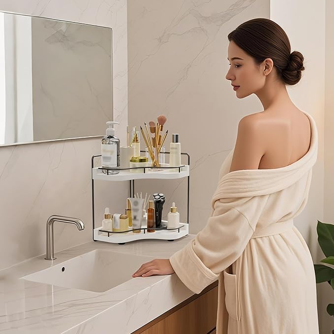 2-Tier Corner Bathroom Counter Organizers, Stable Wood Vanity Shelf for Perfume, Skincare & Makeup, Larger Size Countertop Organizer and Storage for Bathroom, Kitchen and Dresser(White)