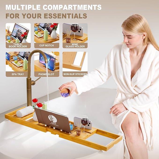 Bathtub Trays for Tub,Bath Tray, Foldable Bathtub Caddy,Bamboo