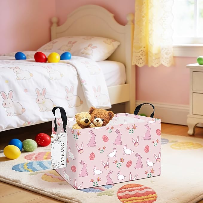 Storage Bins,Nursery Hamper Canvas Laundry Basket Foldable with Waterproof PE Coating Storage Baskets for Boys and Girls, Office, Bedroom, Clothes,Toys(Rec-Rabbit ）