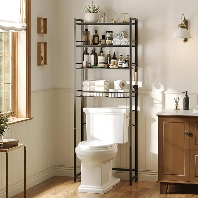 Over The Toilet Storage Rack, Bathroom Organizer with 3 Shelves & Basket, Space Saver Over Toilet Shelf with Adjustable Hooks,Black