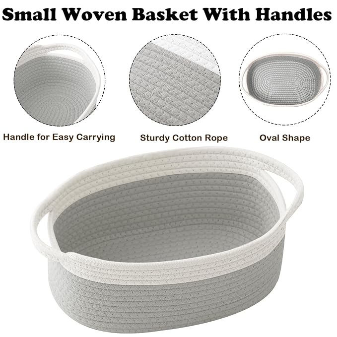 2 Pack Small Woven Rope Basket-Empty Gifts Basket with Bag and Ribbons,Cute Handle Organizer Box for Birthday/Baby Shower, Toy Storage, Nursery Organizing & Shelf Decor(White&Grey)