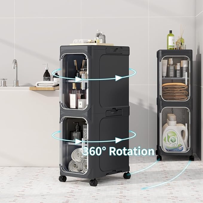 2-Tiers Slim Bathroom Storage Cabinet, Foldable Storage Cabinets,Narrow Bathroom Storage,Movable Bathroom Storage Organizer for Small Spaces,Bathroom,Kitchen,Laundry, Black