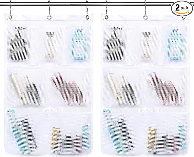 GYEUKHAM Hanging Mesh Shower Caddy for Bathroom - Quick Drying Portable Shower Organizer with Multiple Pockets for Soap,Shampoo and Cruise Ship Essentials Saving Bathroom Storage,White,2 Pack