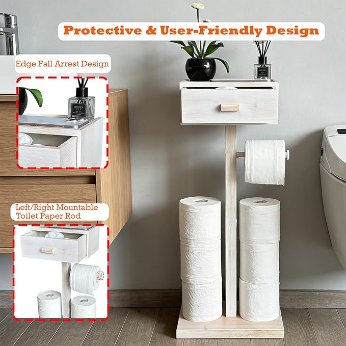 Freestanding Bathroom Toilet Paper Holder Stand with Shelf, Bamboo Toilet Paper Roll Holder with Wet Wipes Storage Drawer(Vintage White)
