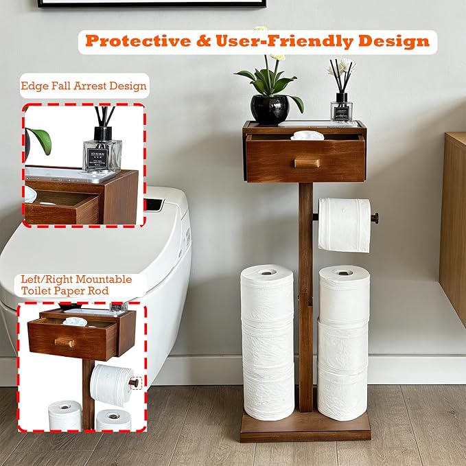 Freestanding Bathroom Toilet Paper Holder Stand with Shelf, Bamboo Toilet Paper Roll Holder with Wet Wipes Storage Drawer(Brown)
