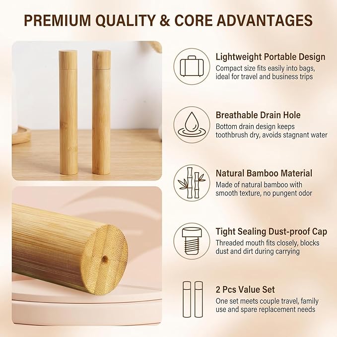 2 Pcs Natural Bamboo Toothbrush Storage Holder Empty Reusable Portable Toothbrush Case with Cover Personal Cleaning Tools Container Organizer Tube for Travel Trip