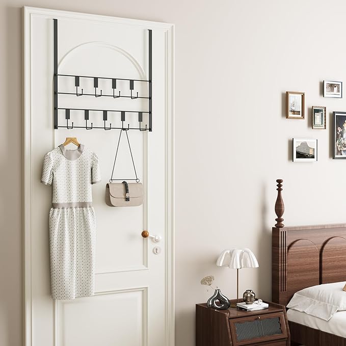 Over the Door Hooks, Over Door Hanger 9 Hooks, Coat Rack and Towel Rack for Hanging Clothes, Door Towel Hanger and Holder for Bathroom Organizer, Bedroom and Kitchen Black