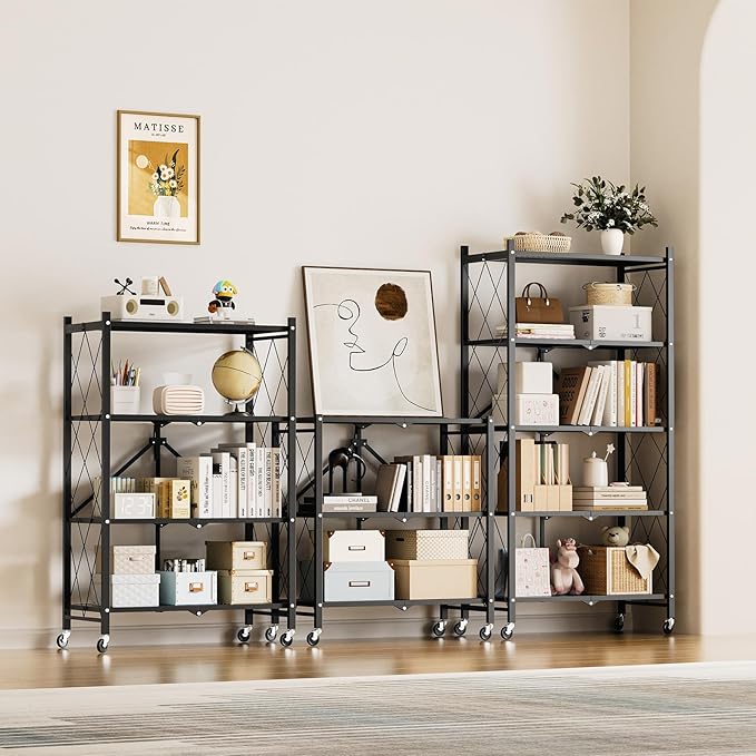 HealSmart Heavy Duty 4-Tier Foldable Metal Rack, 14.96" D x 27.95" W x 49.61" H Storage Shelving Unit 1000 lbs with Wheels Moving Easily Organizer Shelves Great for Garage Kitchen, Black