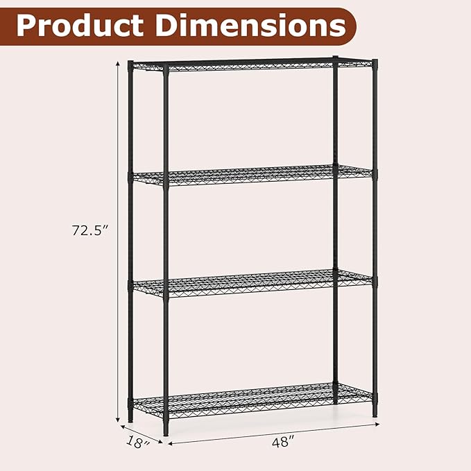 GOFLAME 4-Tier Metal Storage Shelving Unit, Heavy-Duty Adjustable Utility Shelf with V-Shaped Wire Rack, 3200 LBS Storage Organizer for Home, Kitchen, Garage, Basement, 48”L x 18”W x 72.5”H