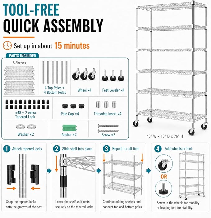 6-Tier Heavy Duty Wire Shelving Unit with Wheels or Leveling Feet, 6000 LBS Total Capacity, Adjustable Metal Storage Rack for Garage, Pantry, Kitchen, Basement, 48" W x 18" D x 76" H, Chrome