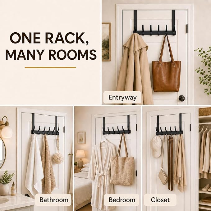 Peasulin Large Over The Door Hooks, Sturdy Door Hanger with 12 Hooks, Door Towel Rack for Bathroom, Bedroom, Kitchen, Coat Rack for Hanging, Easy to Install (Black)