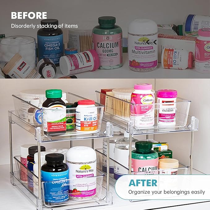 4 Pack Clear Bathroom Organizers and Storage, 2 Tier Pull Out Under Sink Cabinet Organizer Plastic Drawer Organization and Storage for Bathroom and Kitchen