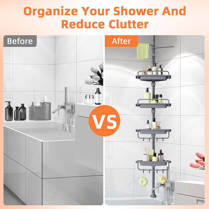 XLHOMO 32-122inch Corner Shower Caddy Tension Pole Grey, Rustproof Drill-Free Shower Shelves for Bathroom Bathtub Washbasin, Adjustable Shower Organizer with 4 Tier Patent Stable Shelves & Towel Bars