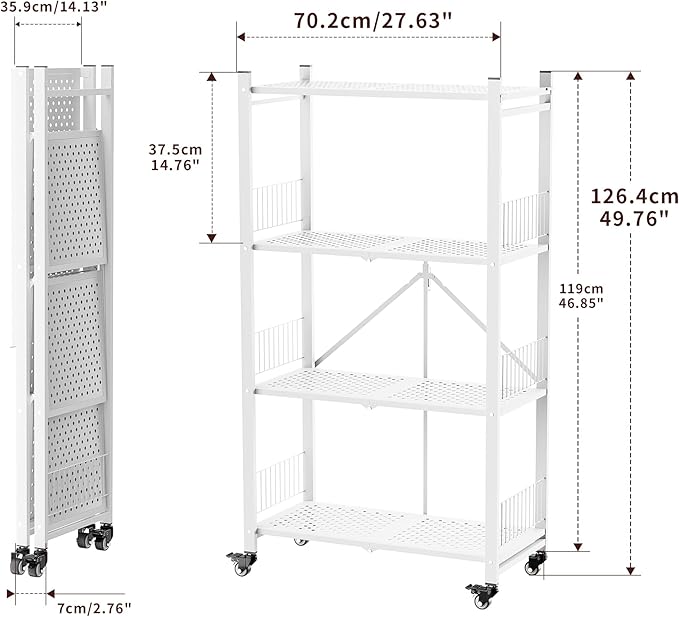 Folding Storage Shelves No Assembly, 4 Tier Foldable Storage Shelves with Wheels, Rolling Collapsible Rack for Pantry Laundry Room Kitchen, White