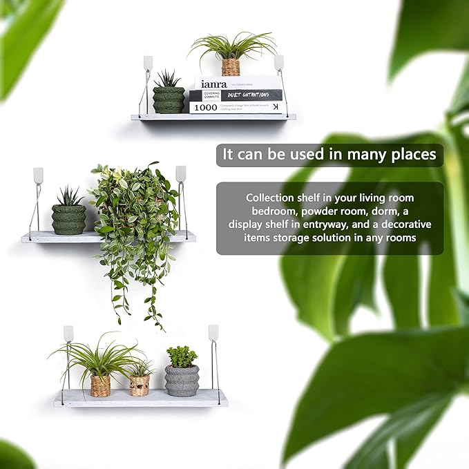 Floating Shelves Set of 3 Rustic Solid Wood Floating Shelf Wall Storage Shelves for Living Room, Bedroom, Bathroom, Kitchen Laundry, Office,no Drill Shelf(Grey and White Colour L+L+L)