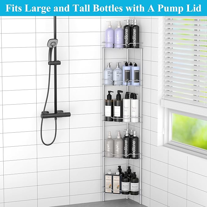 HuggieGems 5 Tier Floor Standing Corner Shower Caddy Organizer Shelf with Hooks, Bathroom Shelves Stand Rack, Silver