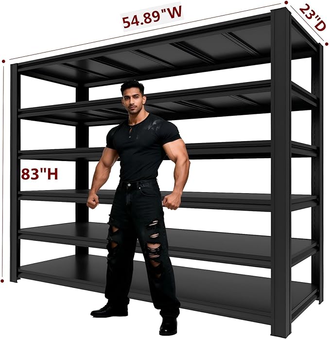 6-Tier Metal Storage Shelves, Adjustable Shelving Units, Boltless Assembly, Black, 83 x 54.89 x 23 Inch, for Warehouse Garage Shed Basement (83H*54.89W*23D)