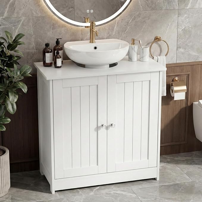 Bonnlo Pedestal Sink Storage Cabinet with 2 Doors Traditional Under Sink Cabinet Bathroom Space Saver Organizer with Adjustable Shelf White 23 5/8" W x 11 7/16" D x 23 5/8" H